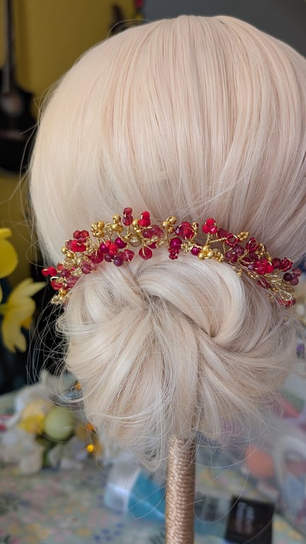 Red and Gold Hair Vine, Elven Bridal Headpiece, Fairy Crown