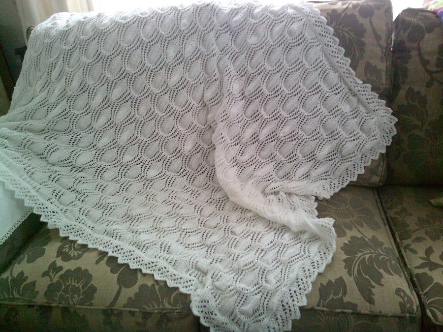 Hand Knitted Baby Shawl with Lacy Leaf Style Design