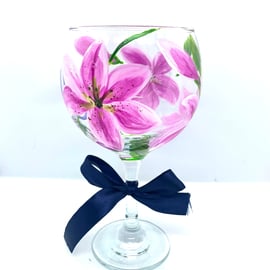 Hand Painted Lily Gin Glass with Pink Stargazer Lilies.