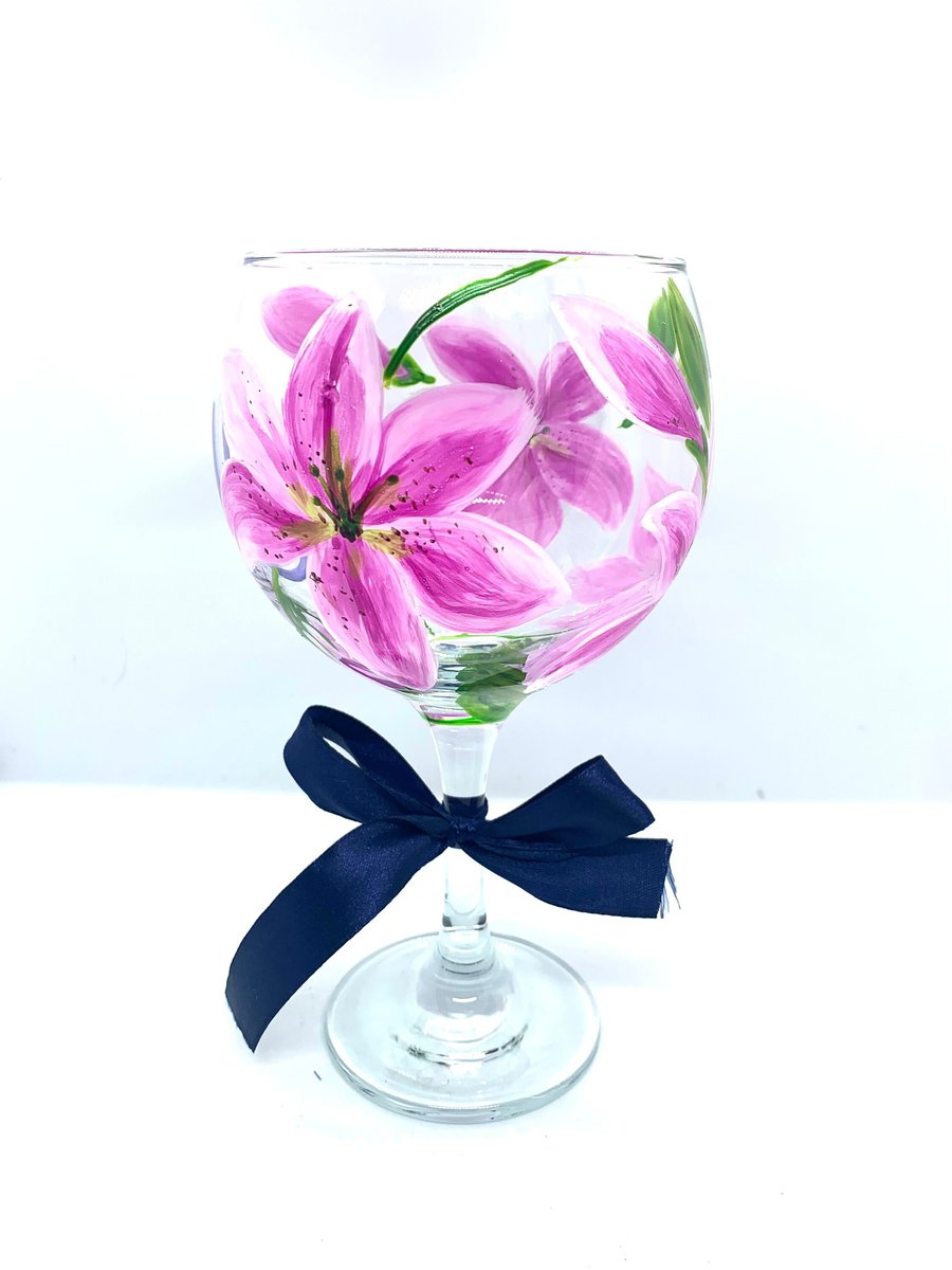 Hand Painted Lily Gin Glass with Pink Stargazer Lilies.