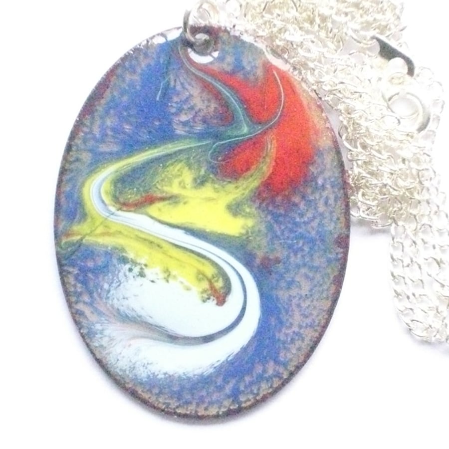 large oval pendant - white yellow and red over blue