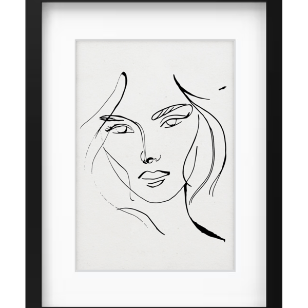 Vintage Feather and Ink Art - Woman's Face - Black Frame - Surprise Frame