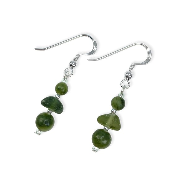 Sea Glass Earrings. Green Jade Crystal Beaded Dangly Earrings - Sterling Silver