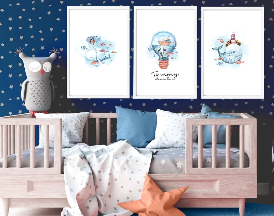 Sea themed nursery decor for baby boys, Set of 3 custom name Whales prints