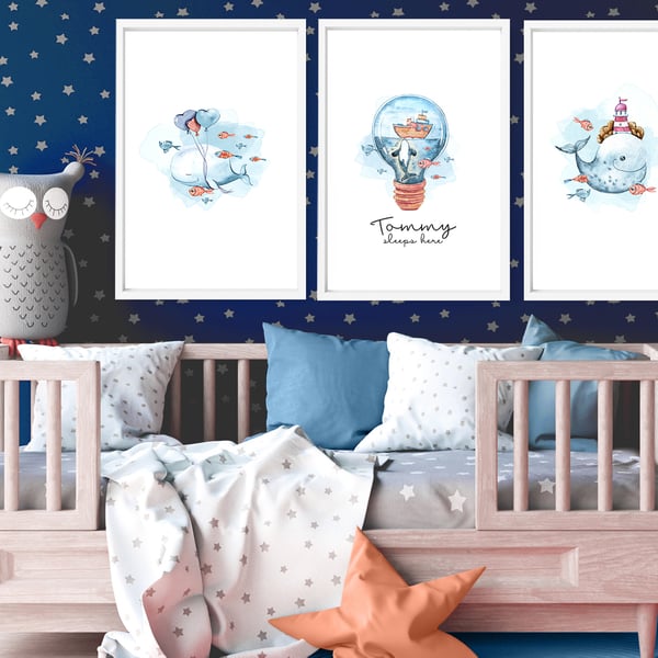 Sea themed nursery decor for baby boys, Set of 3 custom name Whales prints