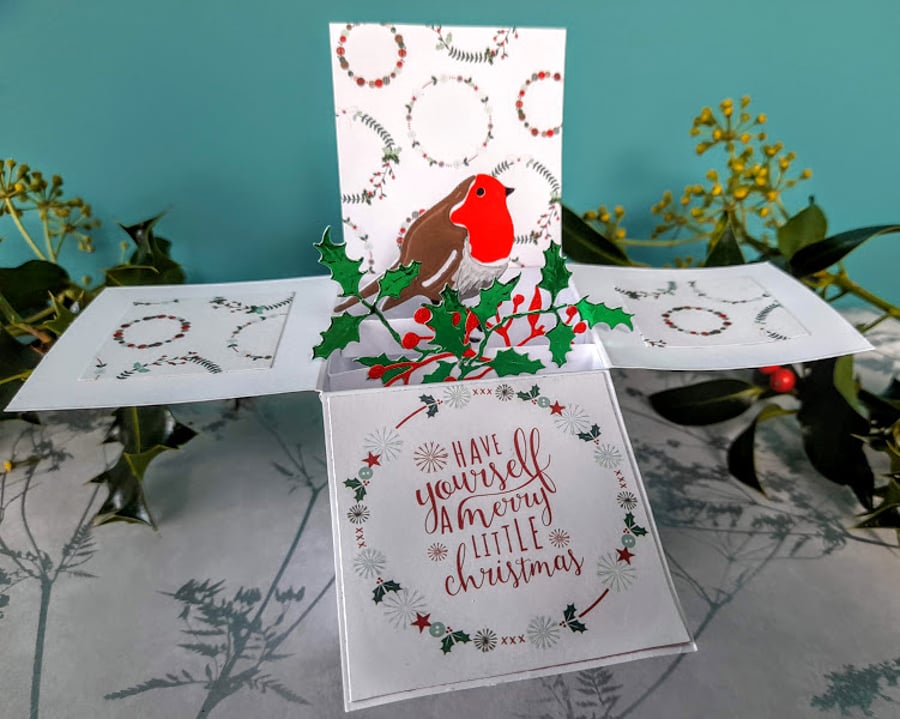 Christmas Robin with Holly and Berries Pop Up Christmas Card