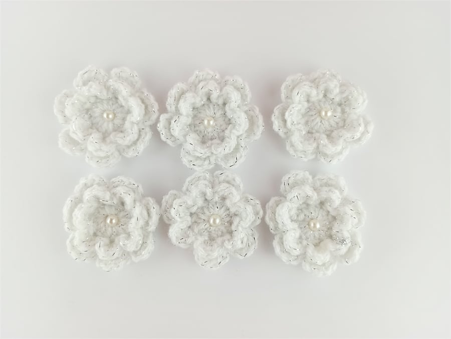 Crochet flowers - SIX 2 layered white glitter flowers with faux pearl bead