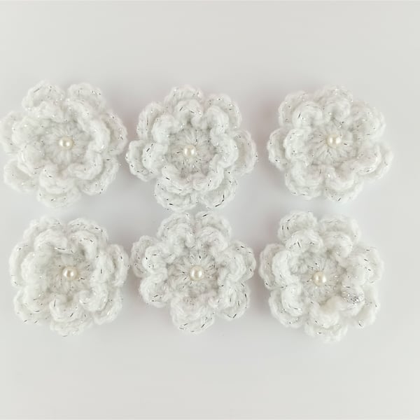 Crochet flowers - SIX 2 layered white glitter flowers with faux pearl bead