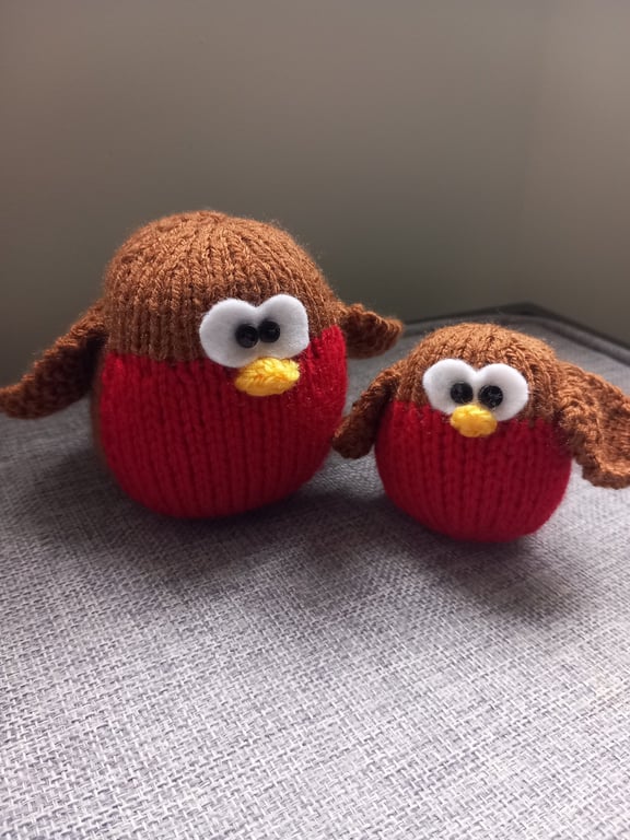 2 x Hand Knitted Christmas Robins - Toy - Unique Gift 