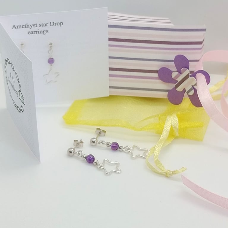 Amethyst star stud drop earrings sterling silver