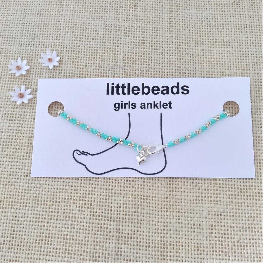 Turquoise and Silver Beaded Girls Anklet