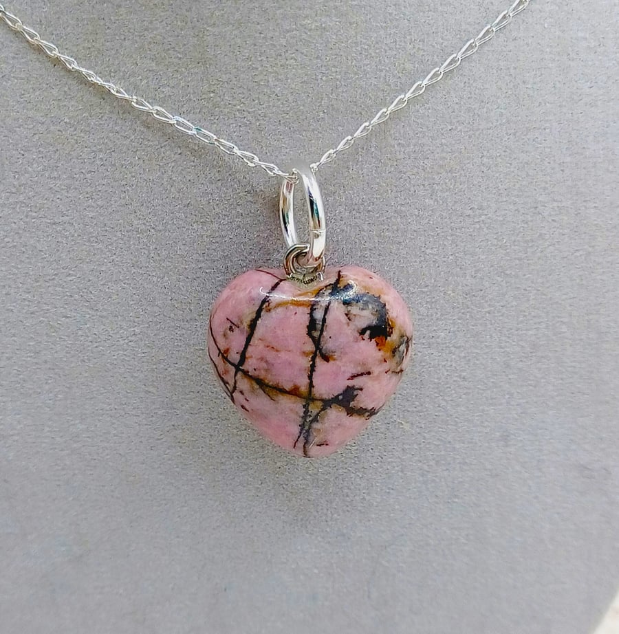 Rhodonite Gemstone Heart Pendant, Sterling Silver Necklace, Pink Heart Jewellery