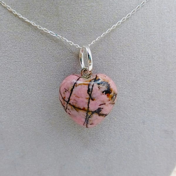 Rhodonite Gemstone Heart Pendant, Sterling Silver Necklace, Pink Heart Jewellery