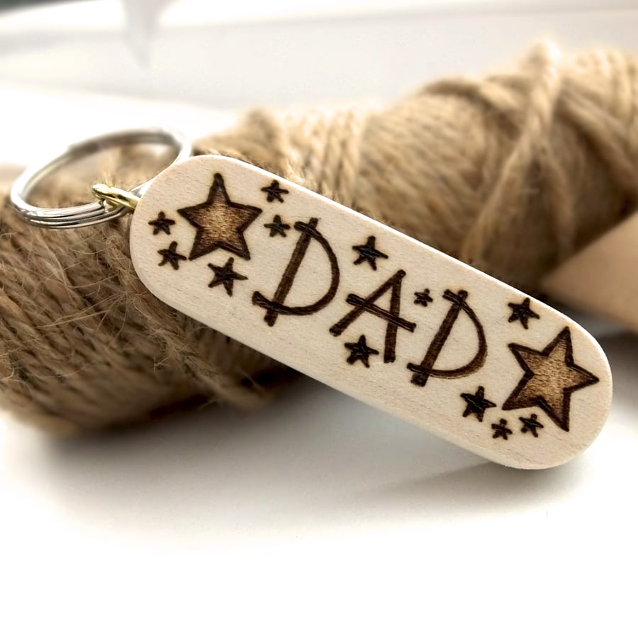 Gift for Dad, Hand Burned Pyrography Wooden Star Keyring