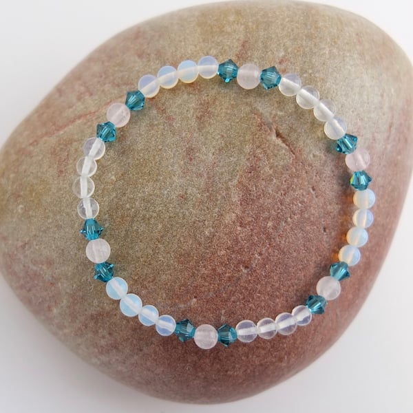 Opal Quartz, Rose Quartz and Swarovski Crystal Bracelet - Free UK Delivery.