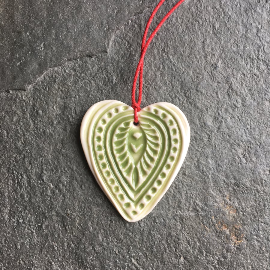 Folk Heart Scandi Porcelain hygge pale green love gift decoration favour 