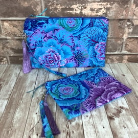 Floral cabbages zip clutch bag, Detachable wrist strap, 2 size options, Handmade