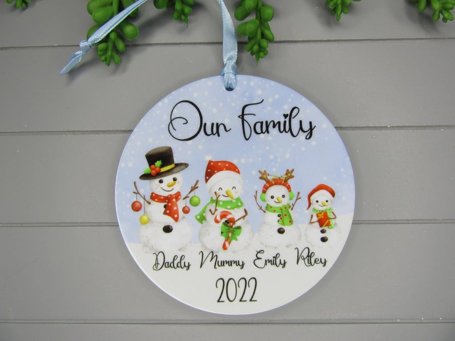 Our Family Personalised Family Bauble Keepsake. Christmas Tree Snowman Ornament