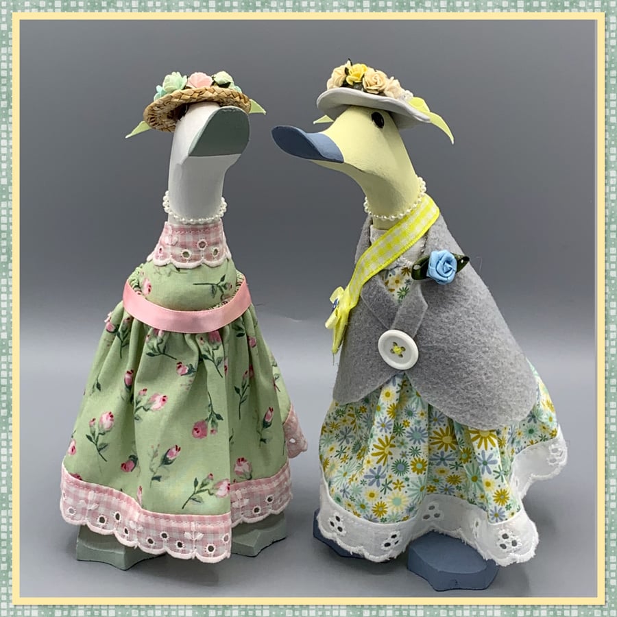 Special offer! Two painted and dressed wooden ducks. Spring colours. 