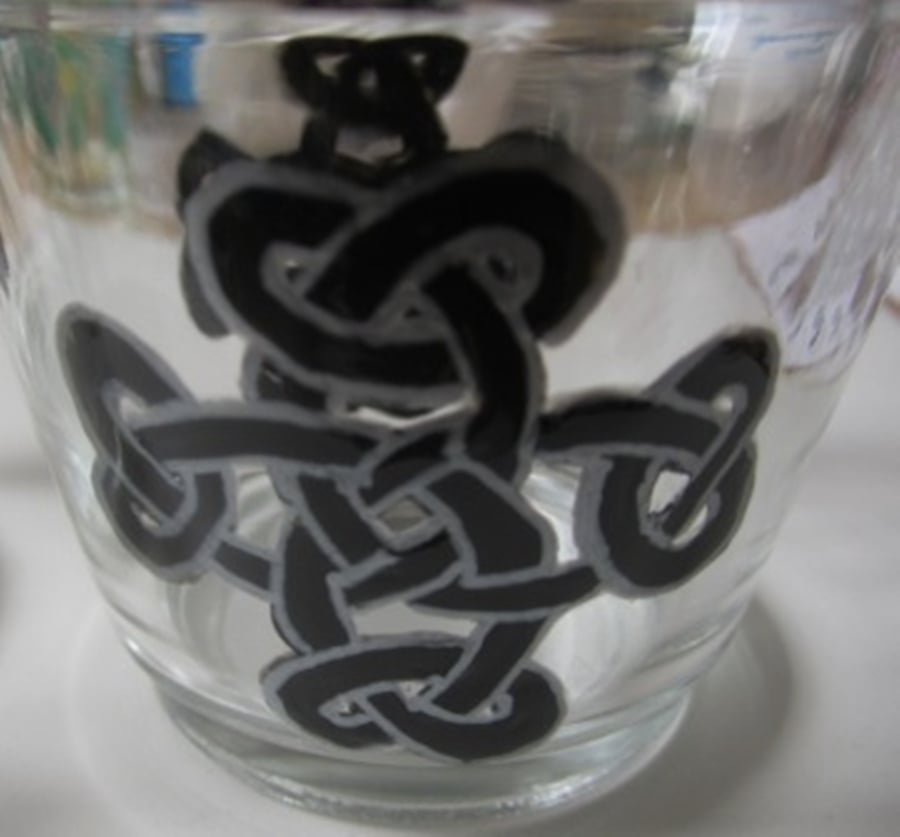 Votive - tealight holder with hand painted Celtic Knot Cross in Black and Silver