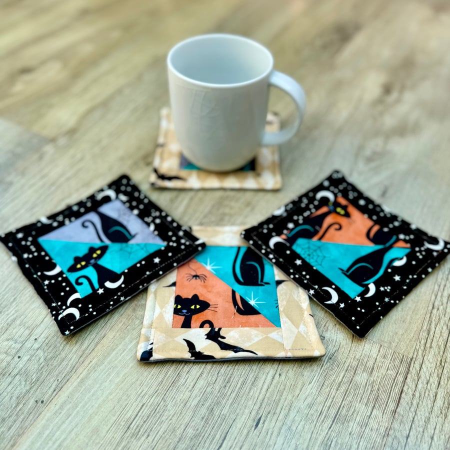 Set of Four Halloween Coasters with Cats and Spiders