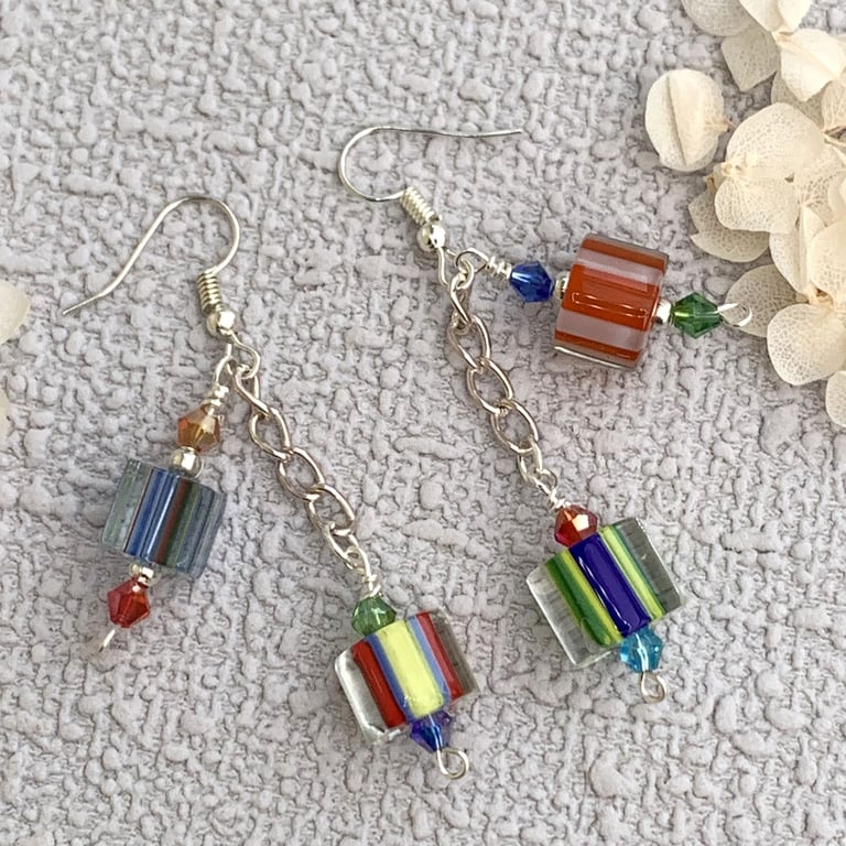 Czech Cane Glass Asymmetric  Boho Earrings
