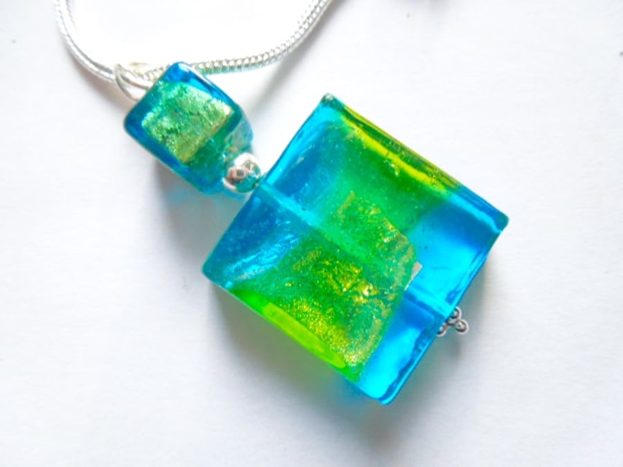 Murano glass blue and green spangle pendant with sterling silver.