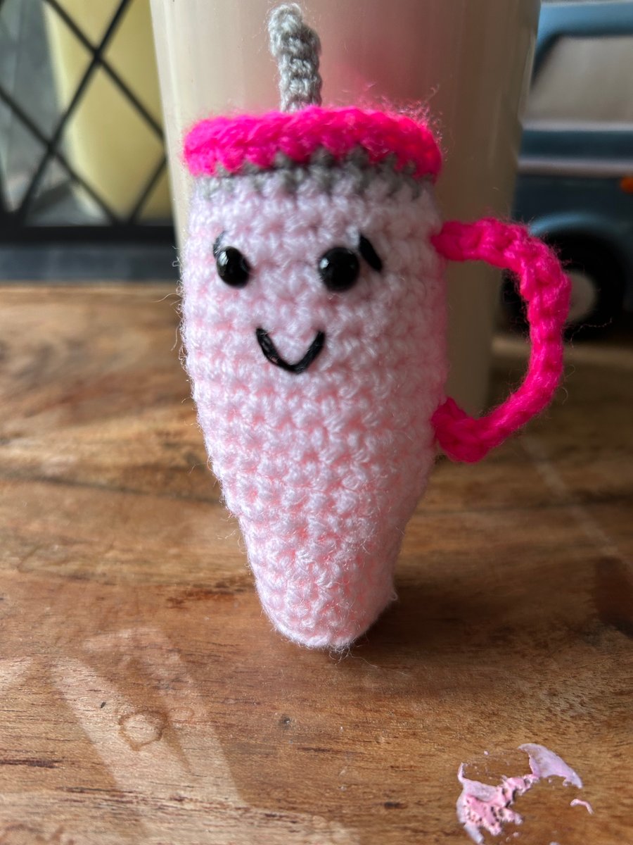 Handmade Pink Stanley Cup Keyring – Wool with Safety Eyes (3 Inches Tall)