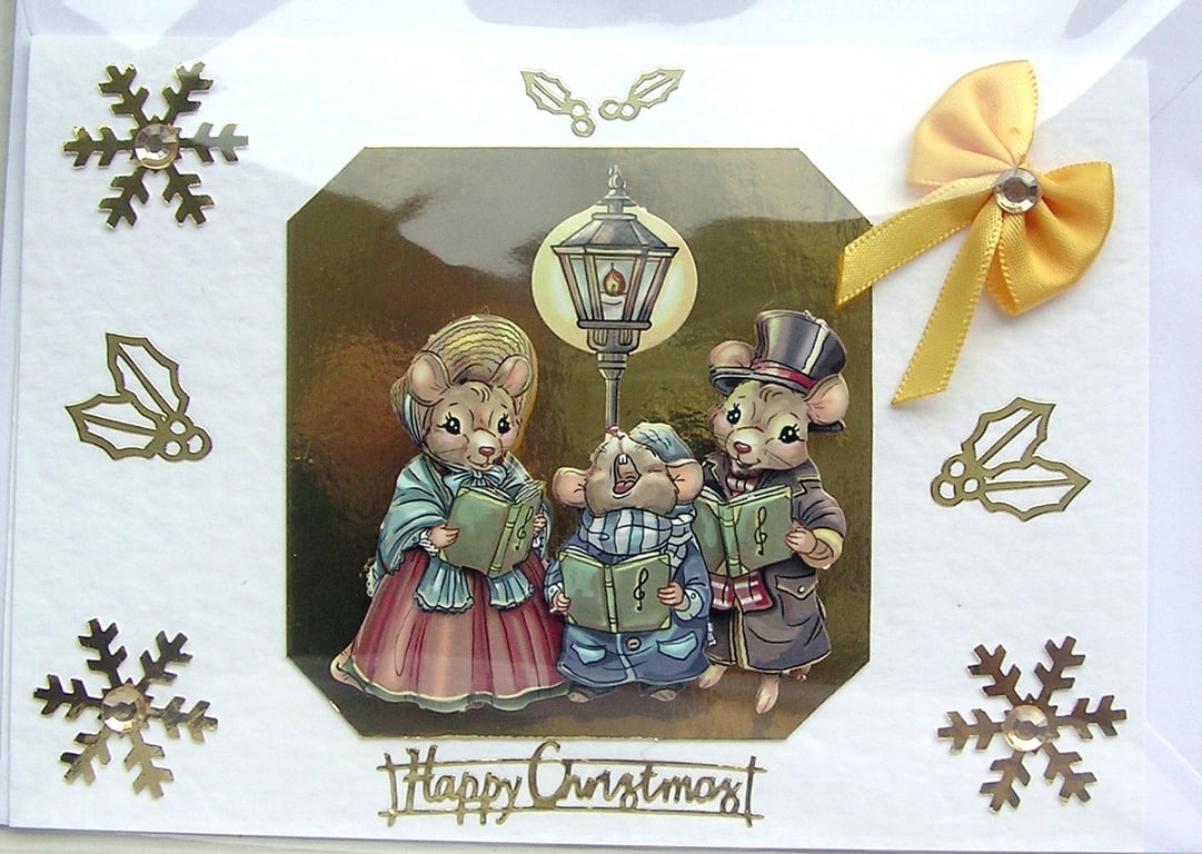 Hand Crafted Decoupage Chistmas Card - Happy Christmas (2499) Carol Singing Mice