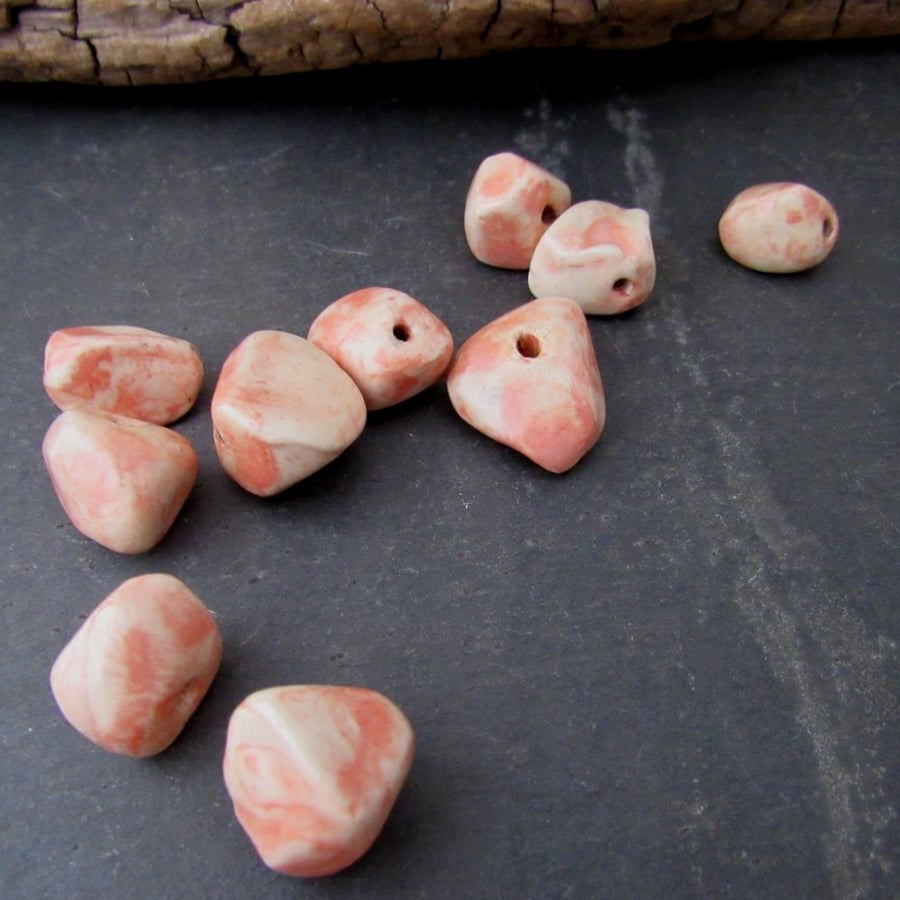 10 Small Pale Pink Glazed Nugget Pebble Clay Beads