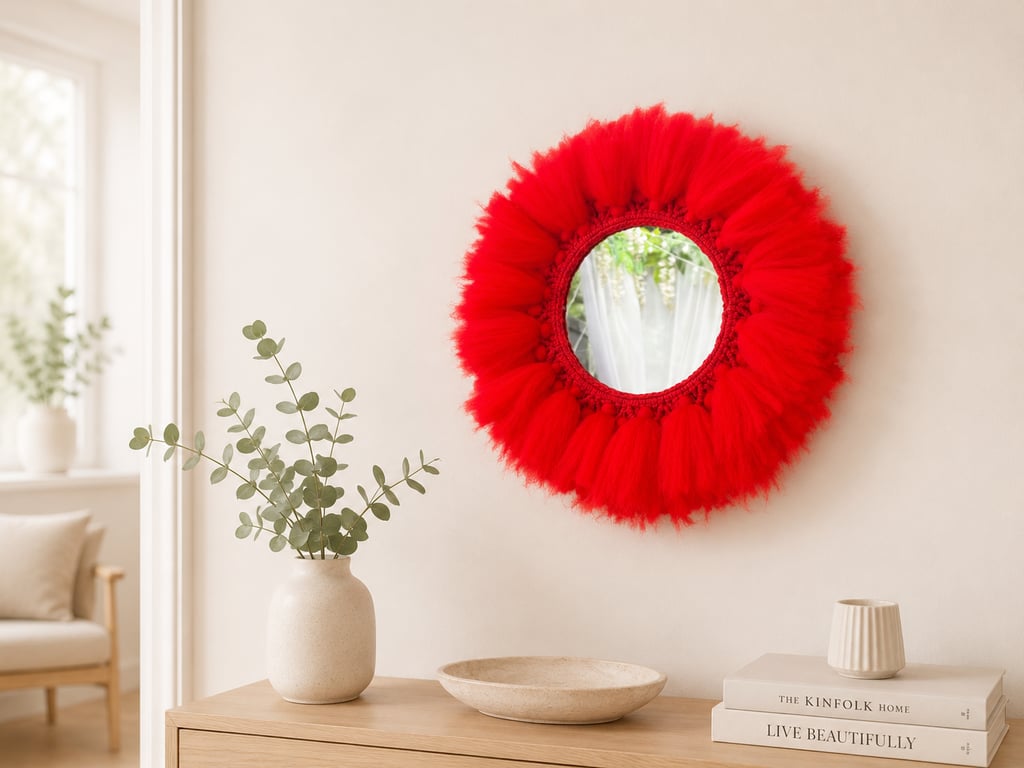 Red Boho Tulle Wreath Mirror, Fringed Round Wall Decor, Macrame Accent Mirror