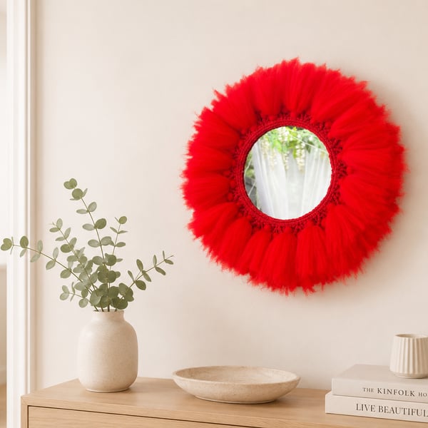Red Boho Tulle Wreath Mirror, Fringed Round Wall Decor, Macrame Accent Mirror