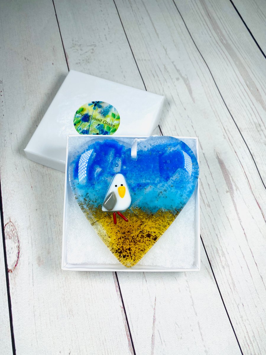 Beach fused glass heart with seagull
