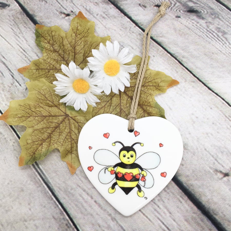 Ceramic Hanging Decoration - Love Bee - Heart Shaped