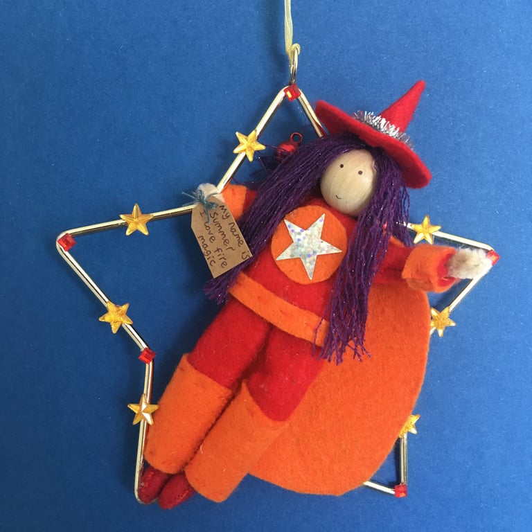 Witch Superhero Hanging Star Decoration, Red And Orange, Halloween Witch Decor
