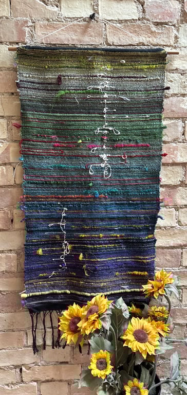 Green to purple short saori wall hanging