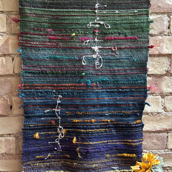 Green to purple short saori wall hanging