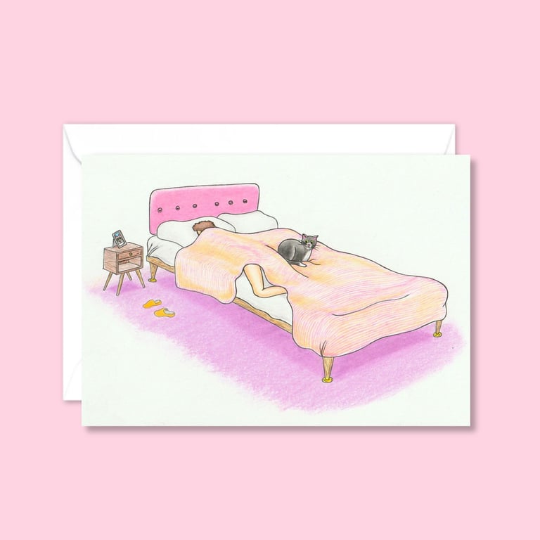 Cute Cat Greeting Card: Cosy Bed Cat Illustration (312)