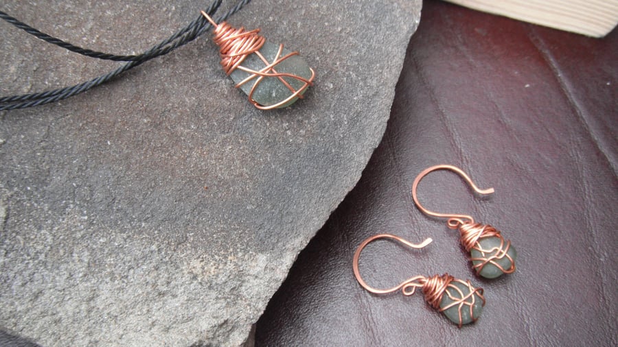 Green Sea Glass Pendant and Earring Set