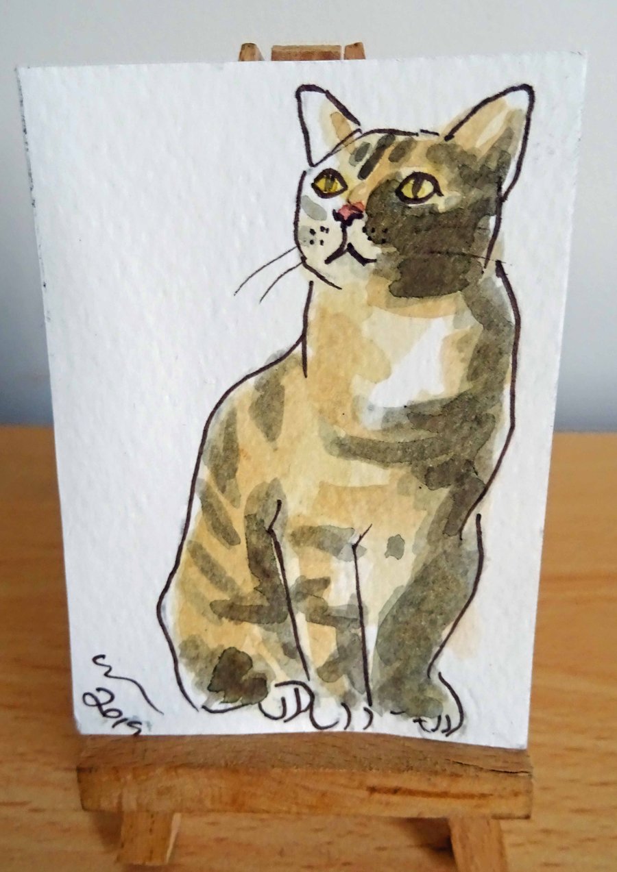 ACEO Animal Art Tabby Cat Original Watercolour Ink Painting OOAK 