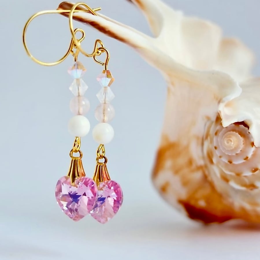 Pink Crystal Heart Earrings With Rose Quartz & Shell - Bridesmaid Gift, Birthday