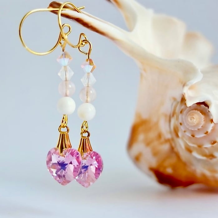 Pink Crystal Heart Earrings With Rose Quartz & Shell - Bridesmaid Gift, Birthday