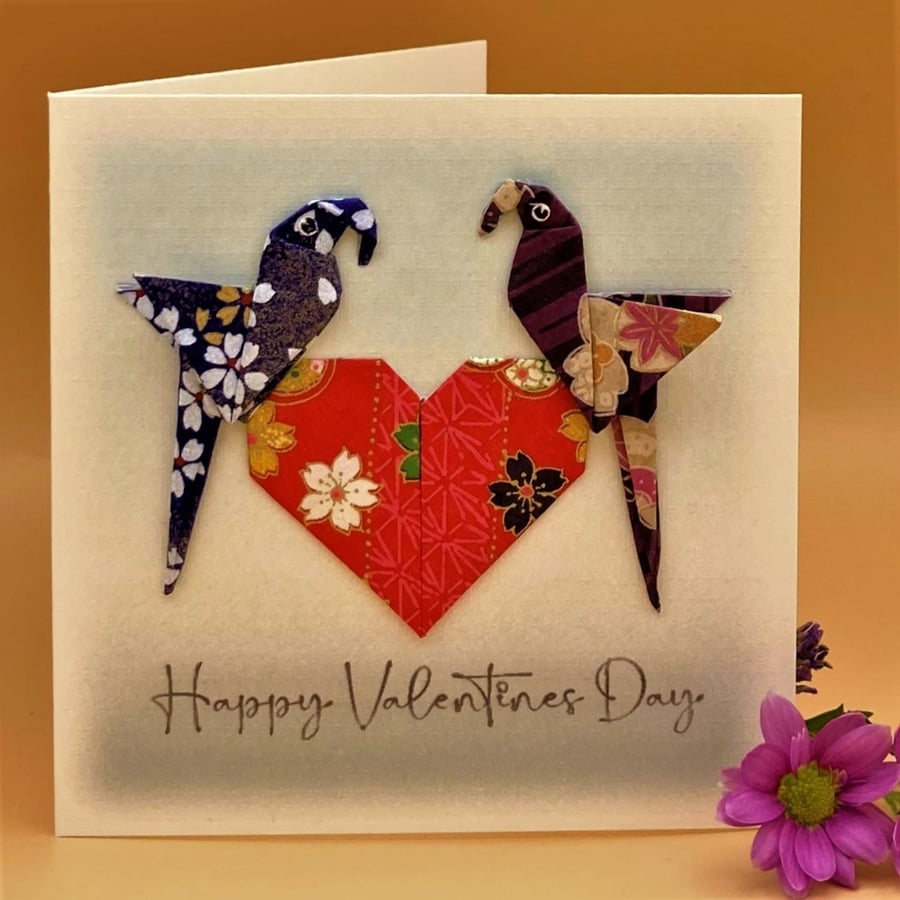 Valentine Greetings Card, Handmade OOAK Romantic Origami heart and love birds.