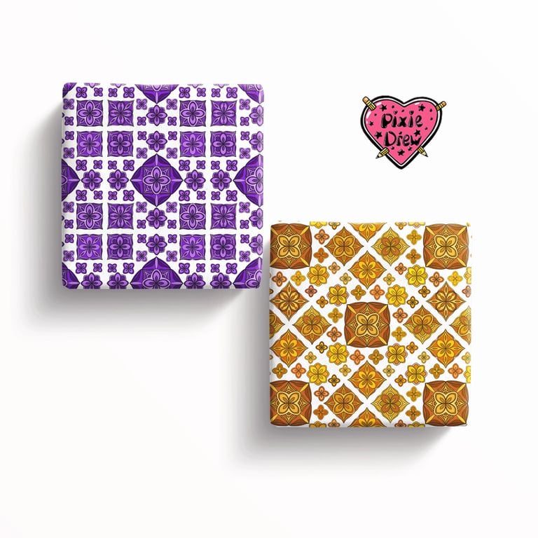 Seventies style patterned wrapping paper, mustard or purple gift wrap