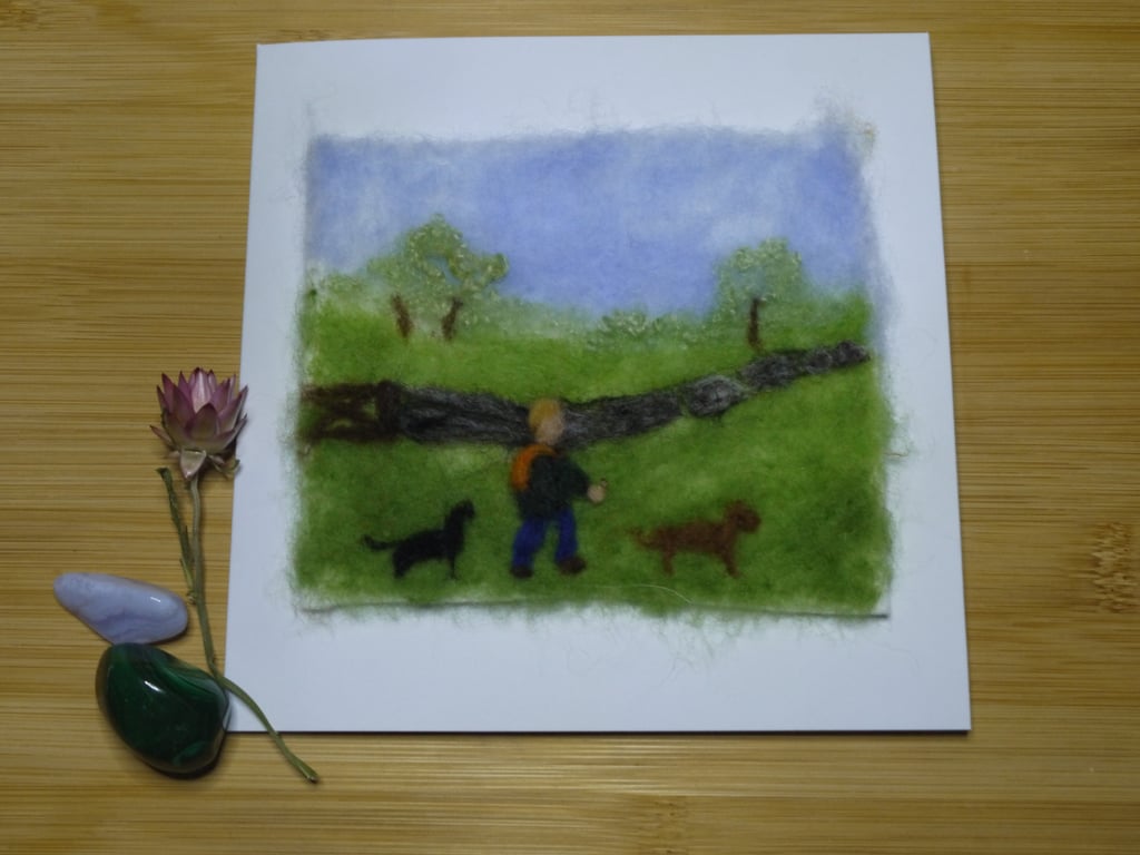 Handmade needle felted Out for a walk  greetings card