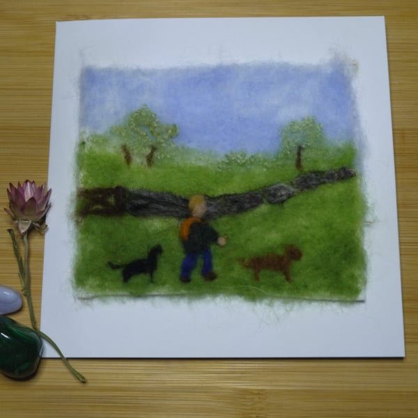 Handmade needle felted Out for a walk  greetings card