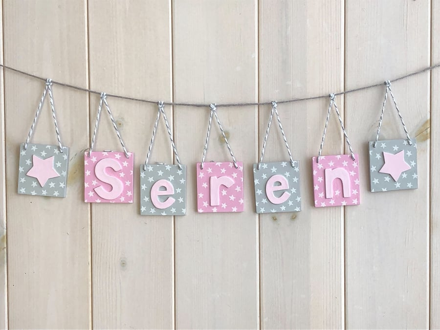 Personalised name bunting in baby pink and grey. Any Name!