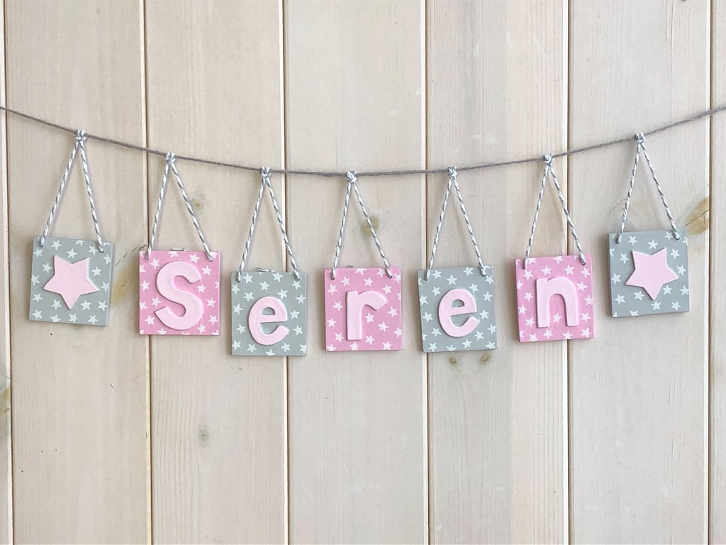 Personalised name bunting in baby pink and grey. Any Name!