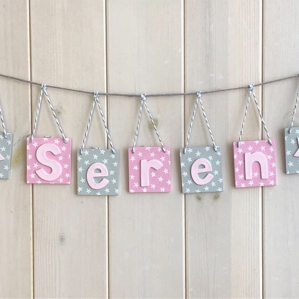 Personalised name bunting in baby pink and grey. Any Name!