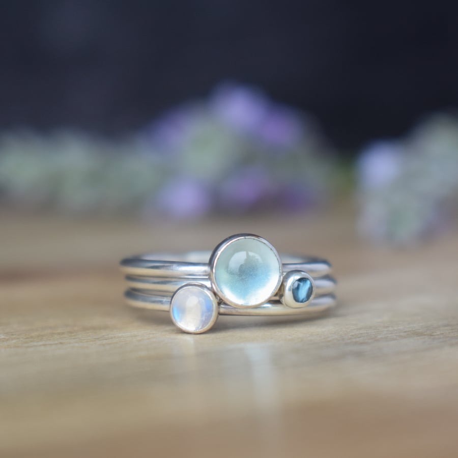 ESTUARY Silver Stacking Ring Set - Topaz Rainbow Moonstone Gemstone Rings